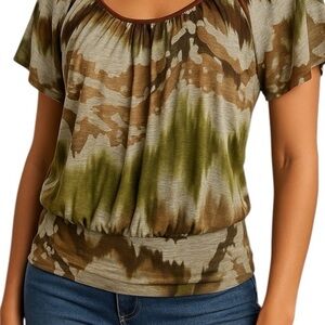 BCX Tie Dye Boho Top Brown Green Criss Cross Back Flutter Sleeve Blouse Small